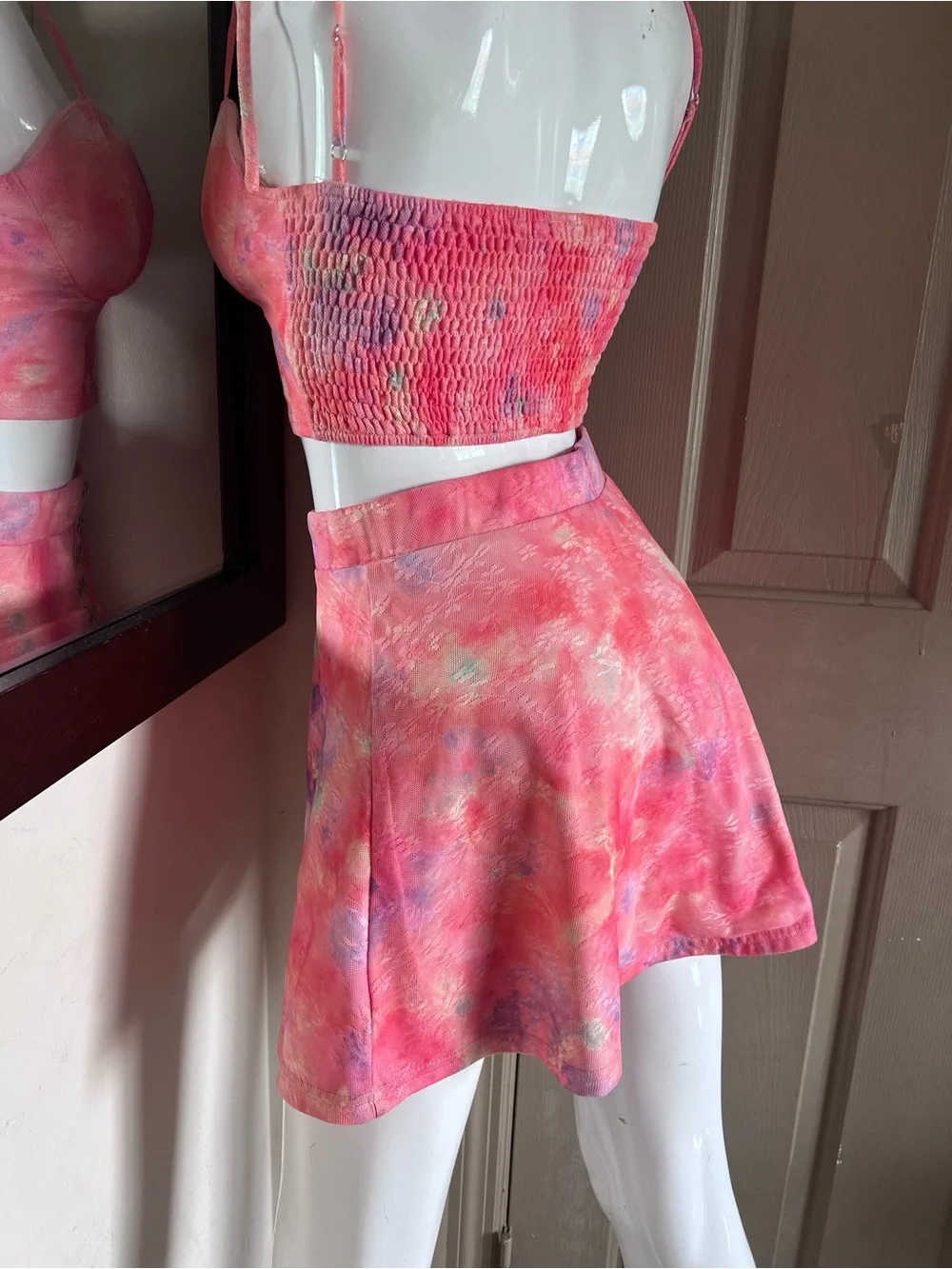 Pink Tie-Dye A-Line Mini Skirt and crop top
